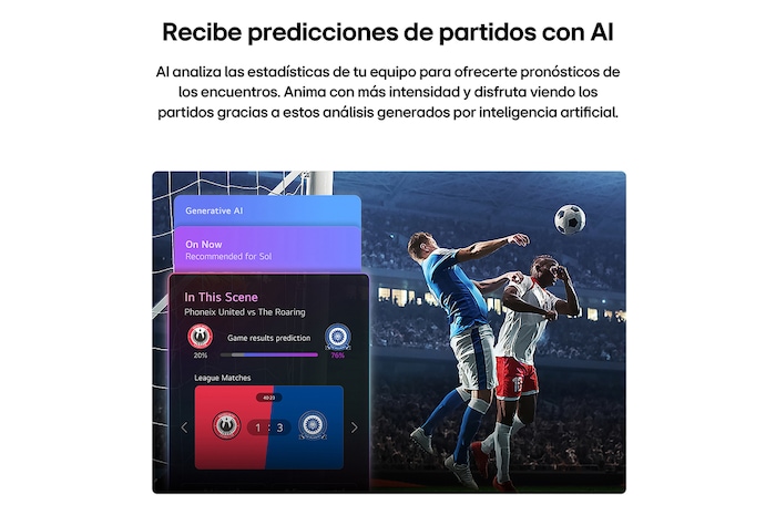 LG QNED evo AI QNED74 Mini LED Sports Forecast by AI Concierge displays a live soccer match with an on-screen AI panel presenting predictions, game insights, and league data, suggesting how AI analyzes gameplay to forecast match outcomes. 